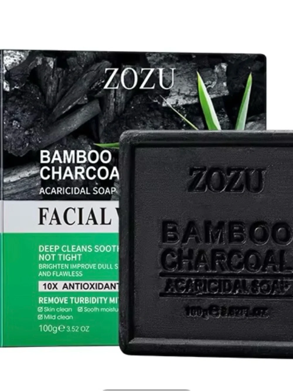 Zozu Bamboo Charcoal Facial Bar Soap, 10x antioxidant, NEW NIB